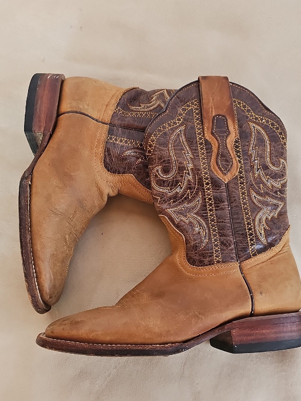 Boys, Two-Tone Tan Western Cowboy Boots with Embroidered Shaft - Picture 12 of 13